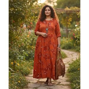 Akkriti Printed Maxi Dress Womens XL Rust‎ Lagenlook Patchwork Ethnic Elephant